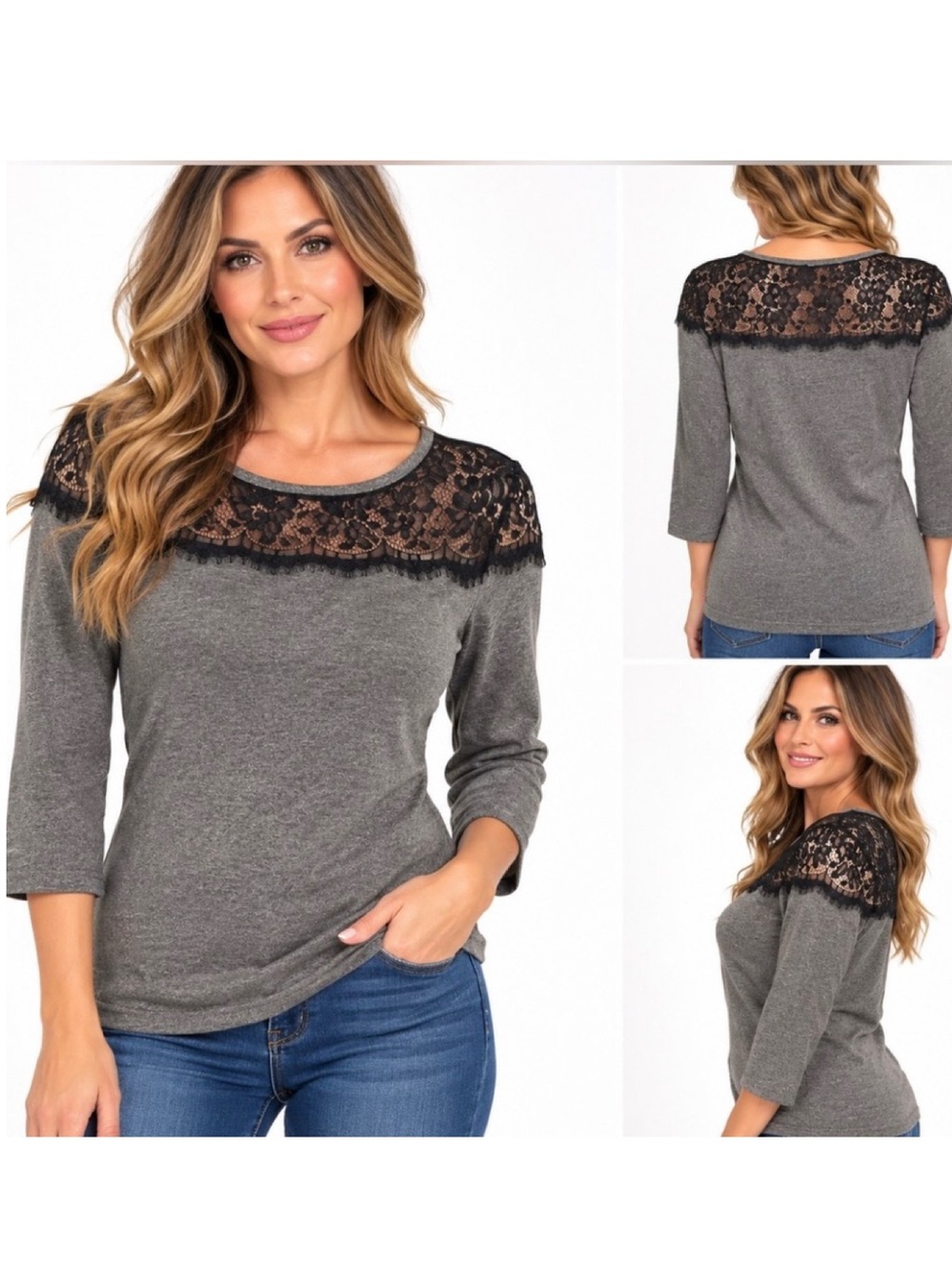 Express Women's Grey Black Lace Yoke 3/4 Sleeve Tunic Top